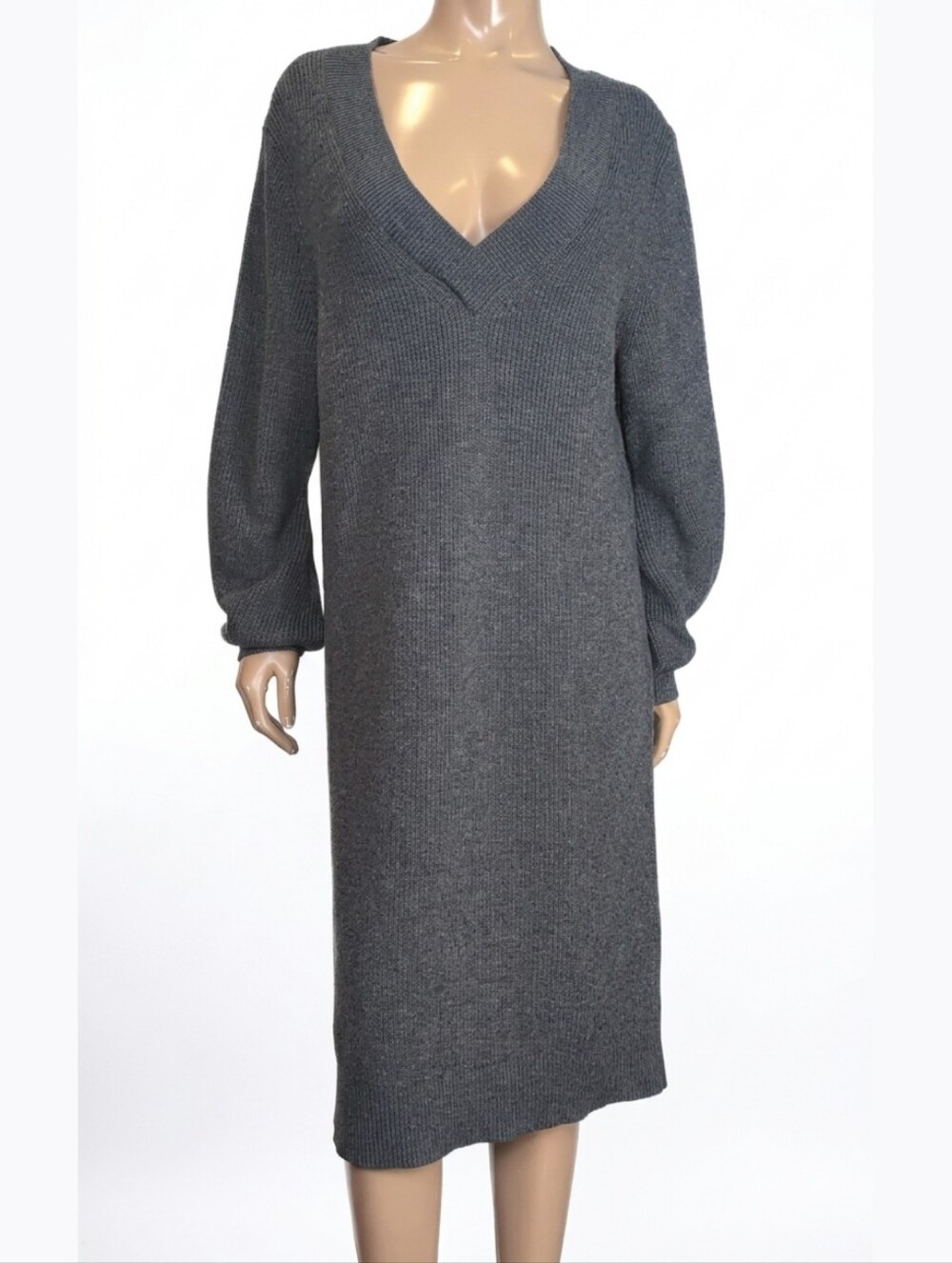 GAP Charcoal Grey Sweater Dress Crossover Vneck Merino Wool Blend Womens Size XL